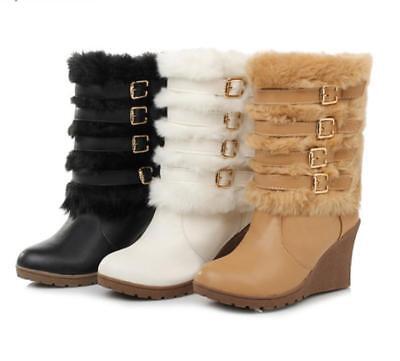 Ladies womens White faux fur snow winter Platform Boots Wedge Heel Mid Calf Boot