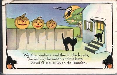 WITCH Rides BROOMSTICK, BLACK CATS, JOLs, Spooky Vintage 1923 HALLOWEEN Postcard