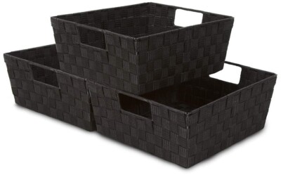 3 Pack Woven Basket Bin Set - Stackable Shelf Storage Tote Baskets with Handles