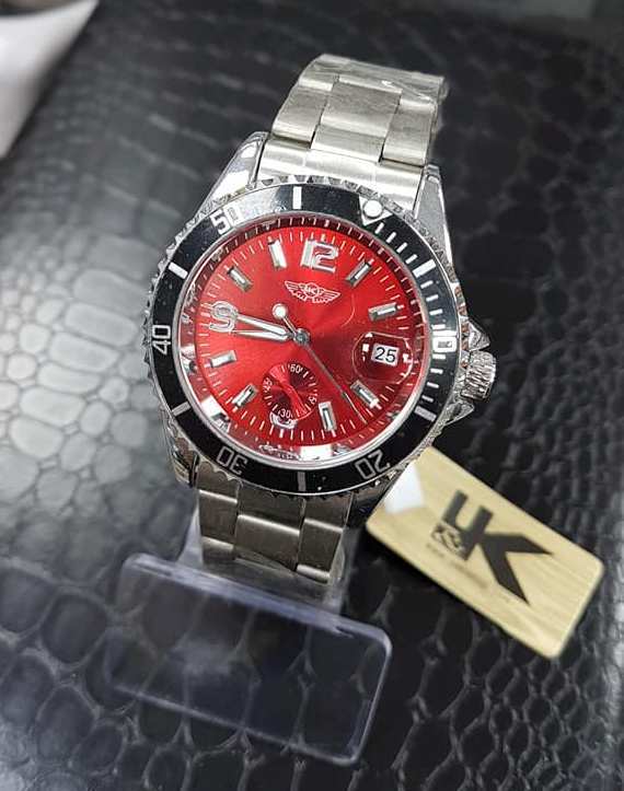 Orologio Polso Yk Uomo Analogico Automatico Data Elegante Silver Quad Rosso lac