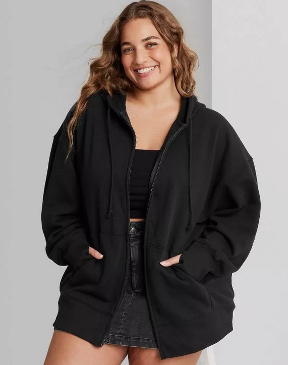 Womens black oversized zip up hoodie hotsell