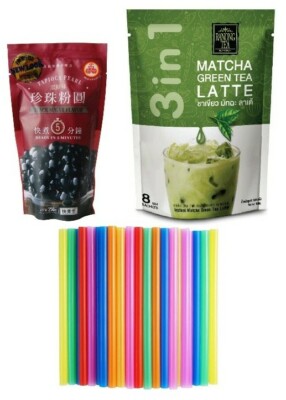 Ranong Matcha Green Tea Latte Boba Bubble Tea Powder w/ Tapioca Pearls & Straws 