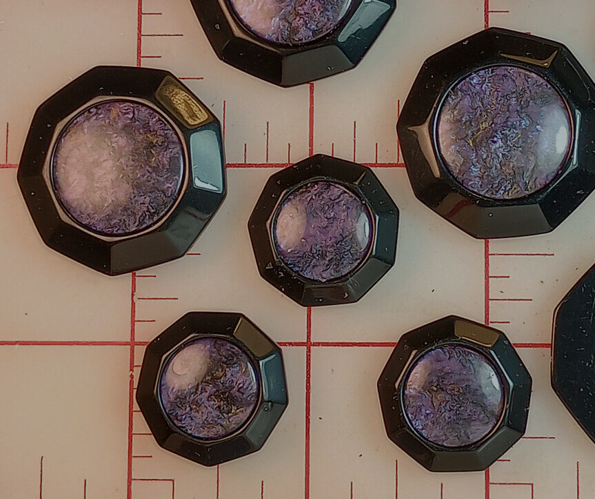 10 Multi Pearlized Purple Gold Shank Buttons Black Border 9 Sides 1-1/8" France