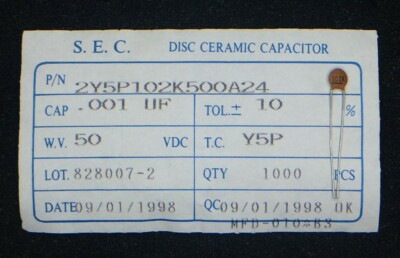 2Y5P102K500A SEC DISC CERAMIC CAP .001UF 50 VDC 10% 50 PIECES