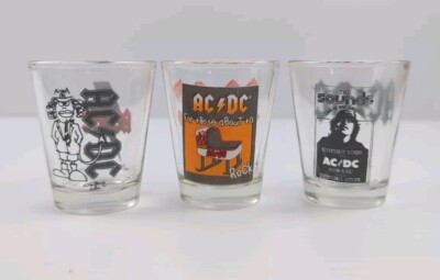 Set Of 3 ACDC Shooter Shot Glasses Song Album Names Cartoon Angus Young 2011