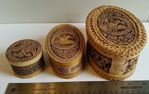 3 Handcrafted Russian Birch Bark Squirrel Decorated Jewelry and Trinket Boxes
