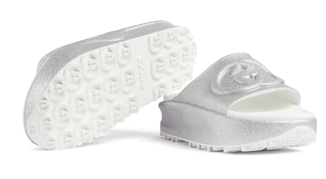 Pre-owned Gucci Interlocking Gg Glitter Platform Slides Sandals Shoes In Gray