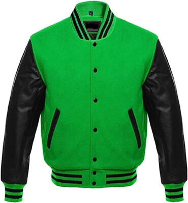 Green Wool Real Black Leather Sleeve Bomber Letterman Baseball Varsity Jacket