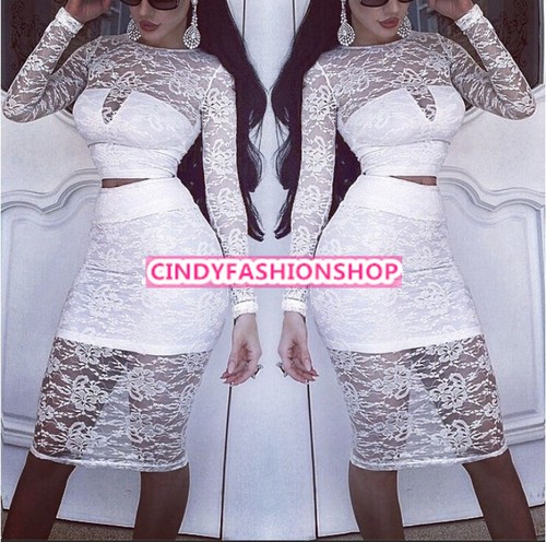 New-Sexy-2PC-Womens-Sheer-Lace-Bodycon-Crop-Top-Skirt-Club-Party-Cocktail-Dress