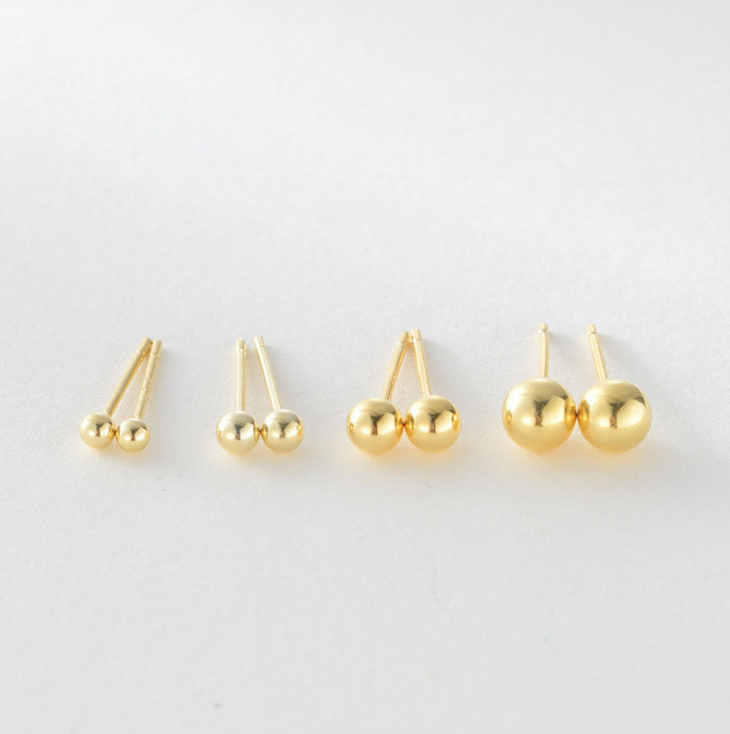 14K Gold Plated 925 Sterling Silver Round Polish Ball Stud Earrings Gift H8
