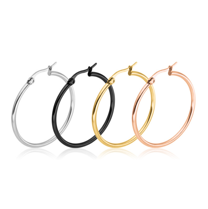 Gold Rose Gold Black Silver Stainless Steel Simple Round Hoop Earrings 10mm-70mm