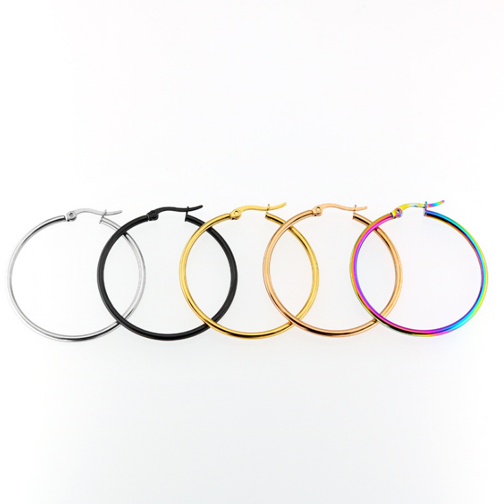 Gold Rose Gold Black Silver Stainless Steel Simple Round Hoop Earrings 10mm-70mm