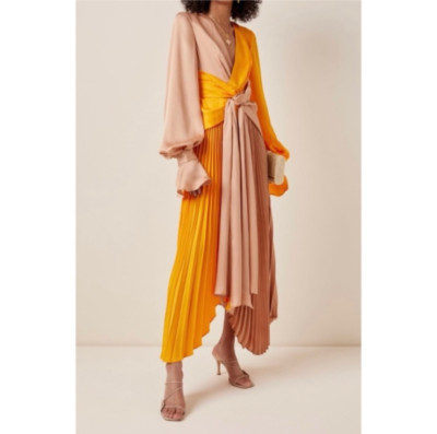$470 Acler Women's Yellow Satin Pleated Midi Dress Size 10