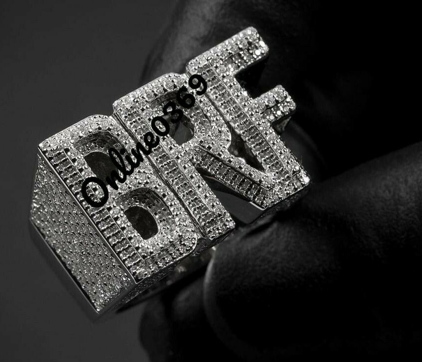 Pre-owned Online0369 3ct Round Moissanite Men's Custom Letter Ring White Gold Plated Silver Free Stud