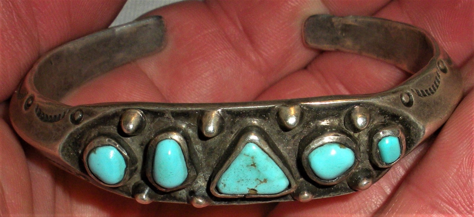 c. 1920 NAVAJO COIN SILVER INGOT CARINATED BRACELET TURQUOISE TERMINAL BALL vafo