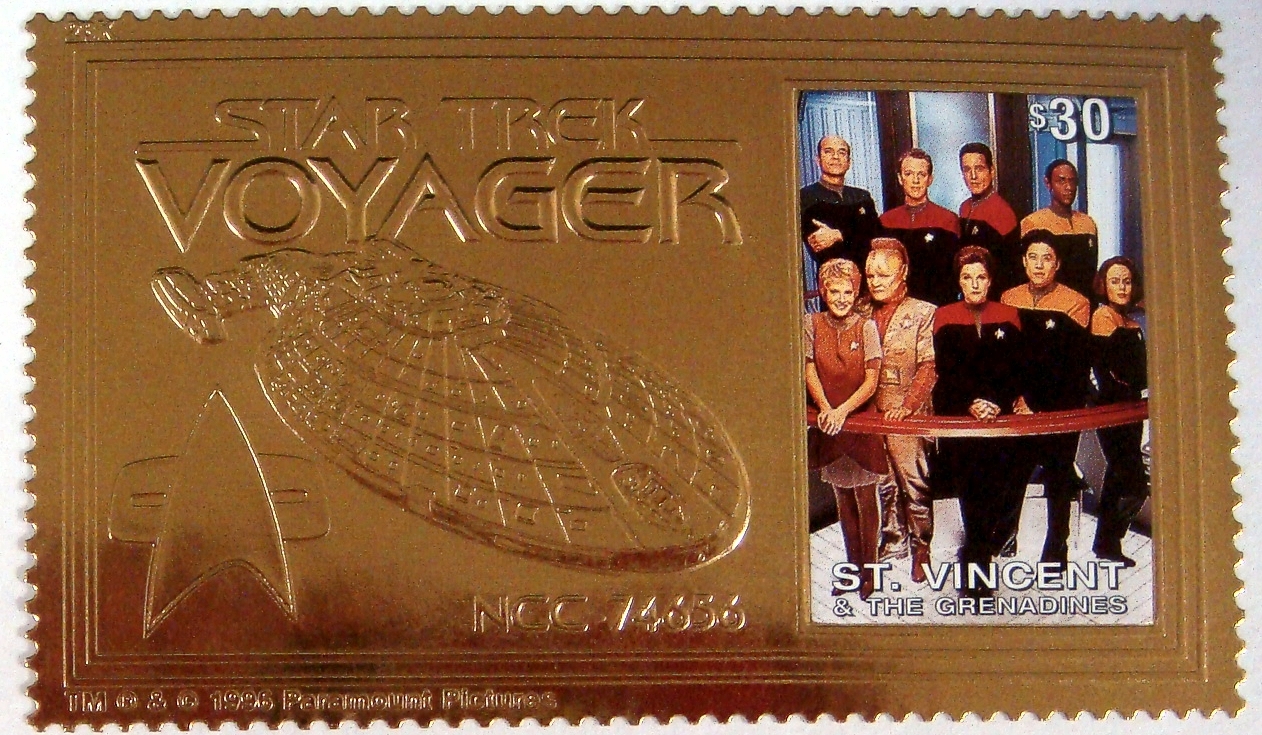 96' MNH St. Vincent Star Trek Voyager 23kt Gold Foil Stamp Janeway Sci-Fi Stamps