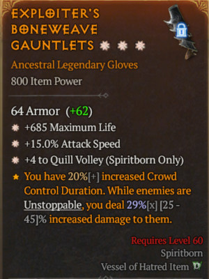   DIABLO 4   SEASON 6  Gloves 3GA Quill Volley + Life + Attack Speed