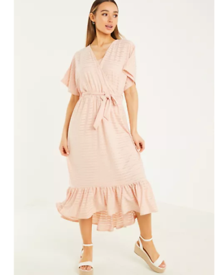 Quiz Clothing Nude Pink Wrap Front Frill Hem Midaxi Dress Size UK8