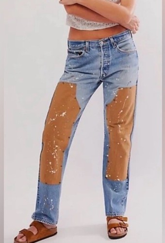 Свободные люди Триша Фикс Джинсы Carpenter с двойными заплатками сине коричневые XS NWT