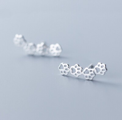 Super Adorable Tiny Silver Animal 4 Paw Cat Dog Paw Stud Earrings