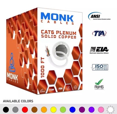 MonkCables Cat6 Plenum Solid Bare Copper 1000ft UTP 550MHz 23AWG Ethernet White