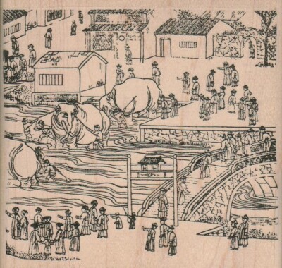 Asian Scene 5 1/4 x 5'' Rubber Stamp, Background Stamp, Mixed Media