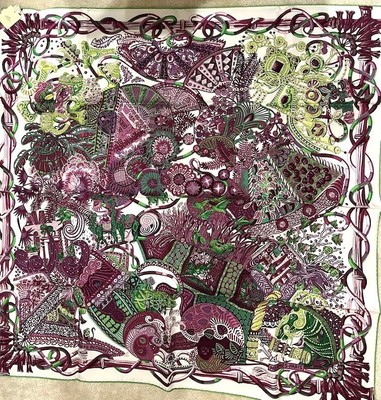 Hermes Scarf Stole Au fil du Carre White Plum by Annie Faivre Silk Auth New 90cm