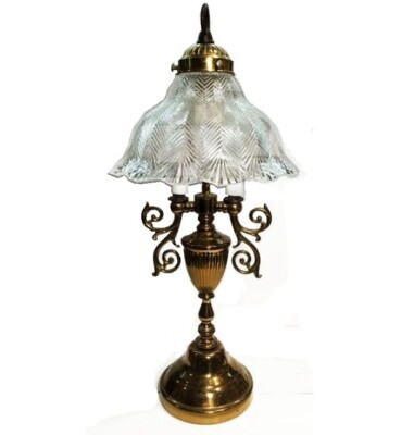 Massive Antique Brass Stacked Bubbles Table Lamp on a Square Weighted Base w a Double Arm Light Cluster /& Sculptured Linen Lamp Shade