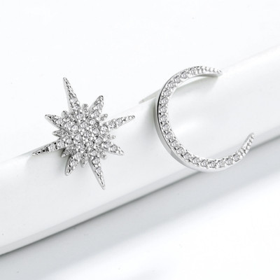 Women 925 Sterling Silver Gold Moon Star Sun CZ Stud Asymmetrical Earrings K77