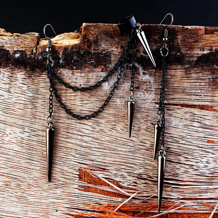 Black Punk Rock Rivets Chain Tassel Dangle Ear Hook Cuff Wrap 80’s Earrings P29