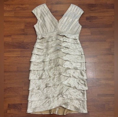 ADRIANNA PAPELL Size 8 Sheath Dress Gold Tiered Ruffles Cap Sleeve Knee Length
