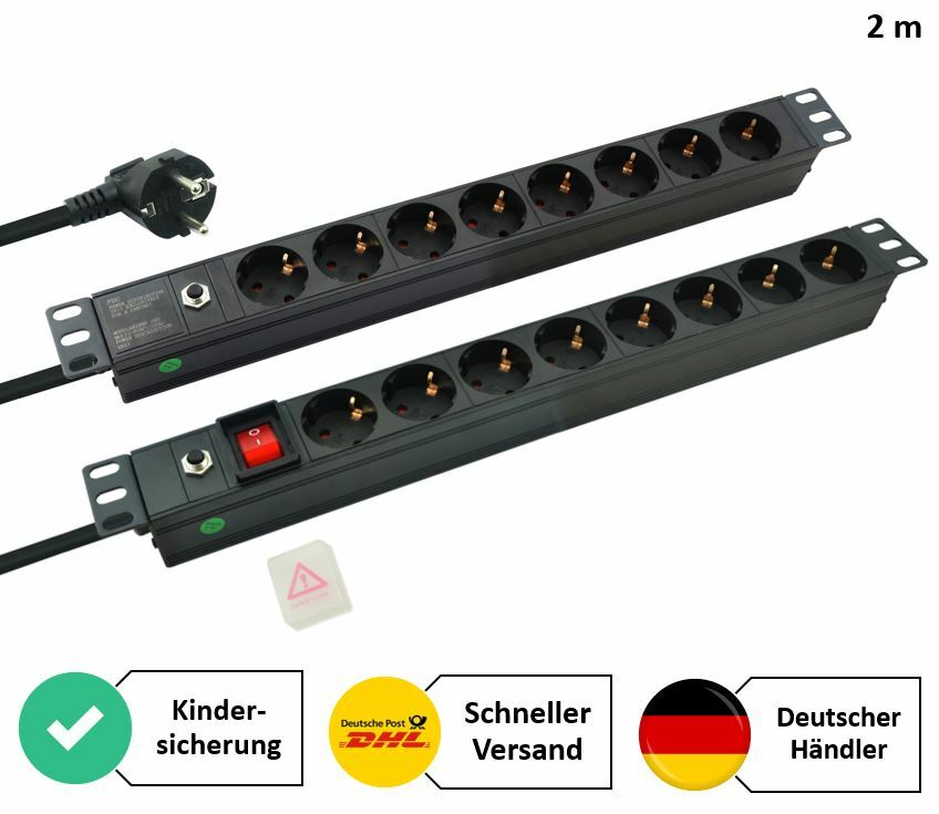 Steckdosenleiste 19 Zoll PDU Stromverteiler Steckerleiste Schutzkontakt 8-fach