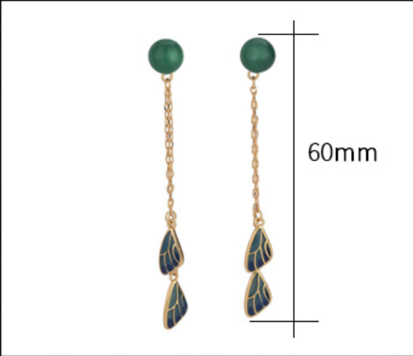 Jade Boho Drop Dangle Earrings Tassels Ear Stud 18K Gold Plated Wings Feather - Picture 4 of 7