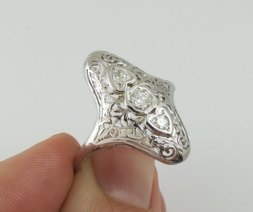 .23 ctw Diamond Filigree Hearts 14k White Gold Navette Ring