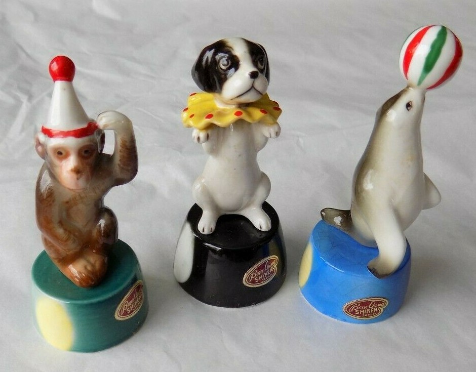 Vtg Shiken Bone China Circus Set Monkey Dog & Seal Figurines on Pedestal