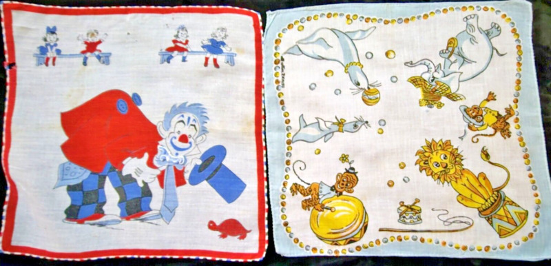2 Circus Handkerchief Lot Animals Vgc & Clown Damaged 8.5 X 8.5" Hanky Lot