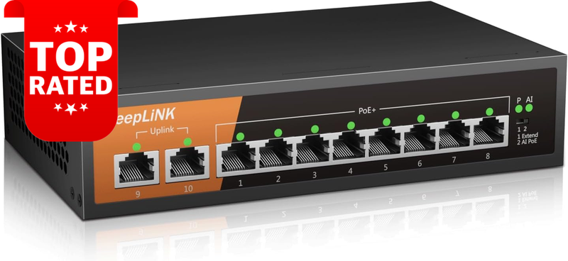 8 Port Gigabit PoE Switch Unmanaged 120W with 2 Uplink Ethernet Fanless Metal