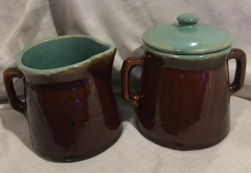 Red Wing Stoneware Glazed Village Green Sugar Bowl w/Lid & Coffee Creamer 1950’s