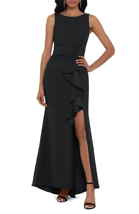 Betsy & Adam Sleeveless Ruffle-Detail Gown Women's 4 Black Round Neck Back Zip - Picture 1 of 15