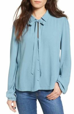 Chloe & Katie Women's Tie Neck Blouse, Powder Blue Small