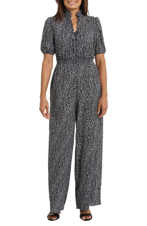London Times Plus Puff Sleeve Front Zip Jumpsuit 22W Black/Ivory Smocked Waist - Picture 1 of 18