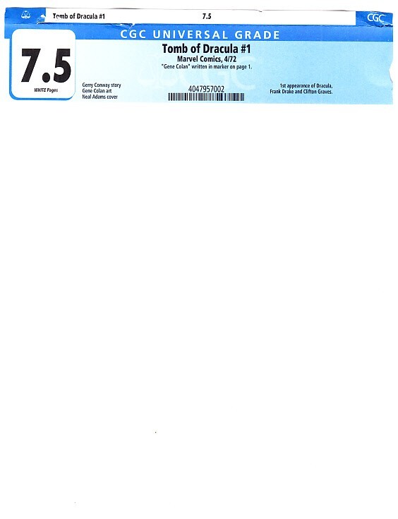 TOMB OF DRACULA #1 VF- Signed 2X Roy Thomas/Gene Colan 1972 Neal Adams Cover