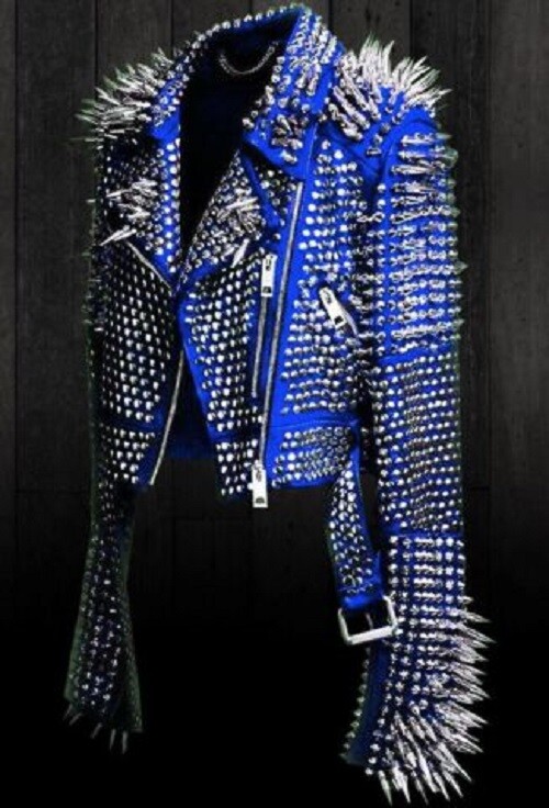 Pre-owned Brando Women's Punk Blue Full Long Spiked Studded  Leather Jacket Women Wear