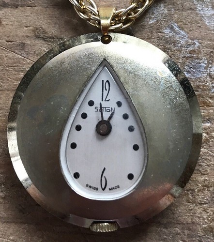 Vintage Swiss Made Sutton Teardrop Wind Up Watch Necklace Pendant Gold Colored