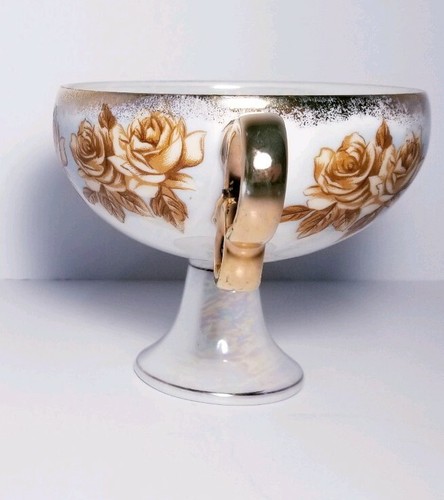 Vintage Dbl Handle Pedestal Lusterware Gold Cup With Roses