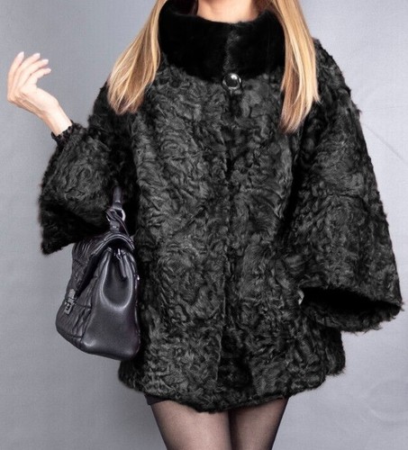 Pre-owned Handmade Women's Real Swakara Astrakhan Fur Swinger Coat Jacket Baggy All Sizes In Black