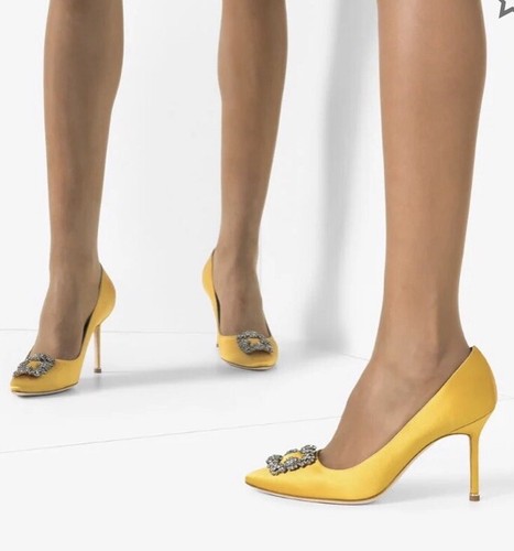 Pre-owned Manolo Blahnik Hangisi 90 Yellow Satin Jewel Buckle Pumps Heels Eu 37 Us 7 $1195