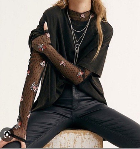 

Футболка Rare Free People Come Back с вышитыми рукавами Twofer, милый топ, Черный