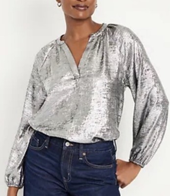 Old Navy Long Sleeve Shiny Top Metallic Silver Black Nwt Small