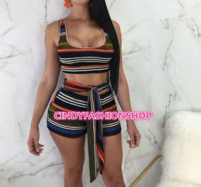 New Women Summer Streetwear Sexy Two-Piece Striped Crop Top+Short Sashes #JS2